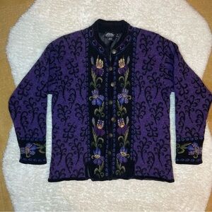 Icelandic design wool cardigan sweater in purple black floral embroidered design